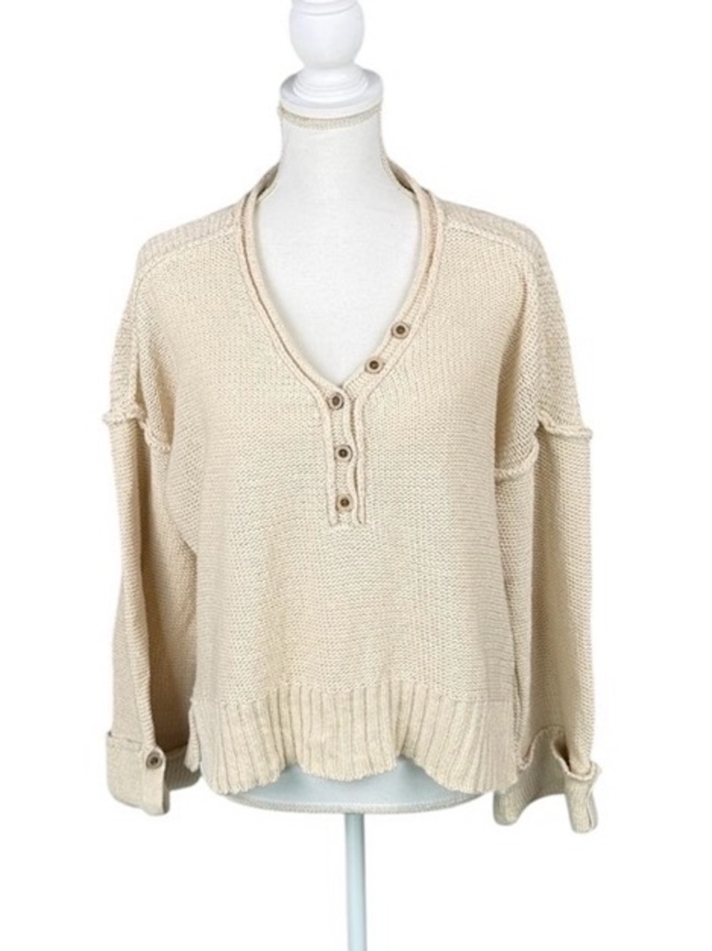 By Together 100% Cotton Sweater Oatmeal Cream V-Neck Oversized Cuffed Sleeves